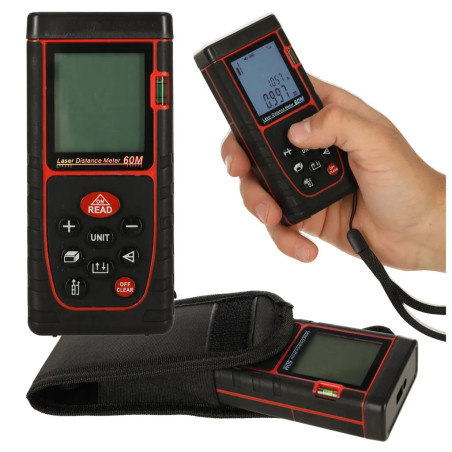 Digital laser distance meter, waterproof IP54 3mm/60m housing, battery powered
