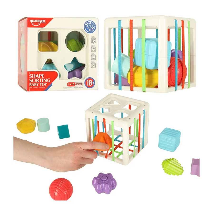 Flexible touch cube, attachable to puzzle, square with shape sorter
