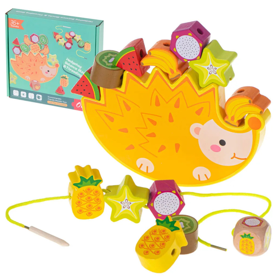 Puzzle game balancing hedgehog fruit threading