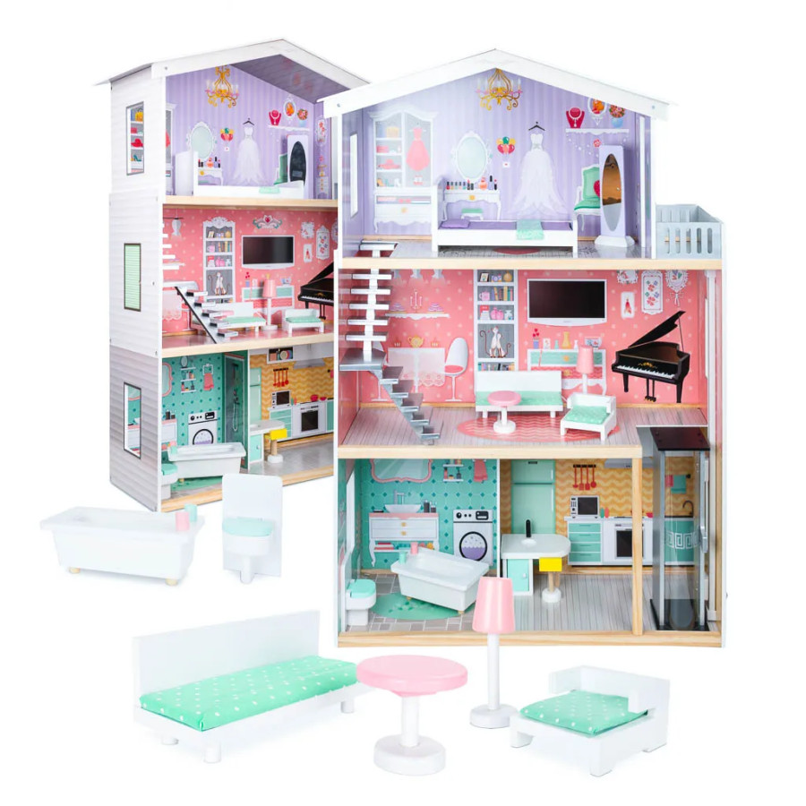 Wooden dollhouse + furniture pastel 117cm