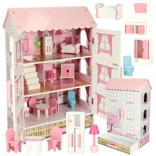 Lulilo Papilio wooden dollhouse with drawers and doors pink