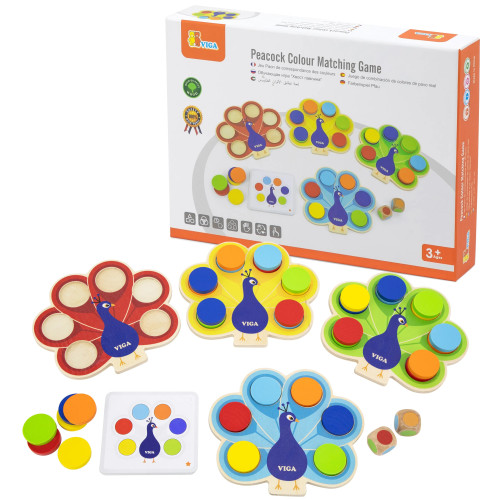 VIGA Montessori Peacock Tail Wooden Colour Matching Game + kaardid