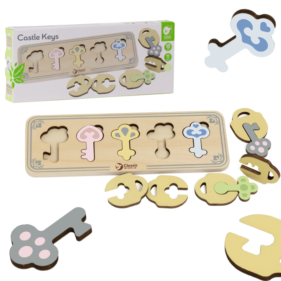 CLASSIC WORLD Montessori Sensorā Montessori koka puzle, kas atbilst atslēgām un slēdzenēm