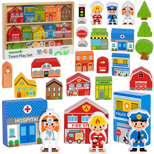 TOOKY TOY puidust hoonete ja figuuride komplekt City