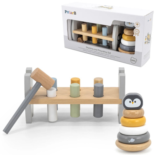VIGA PolarB komplekt puidust püramiid + pingviin Montessori haamri löögimasinaga