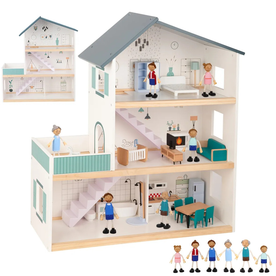 TOOKY TOY Didelis medinis lėlių namelis + FSC figūrėlės TOOKY TOY Didelis medinis lėlių namelis + FSC figūrėlės