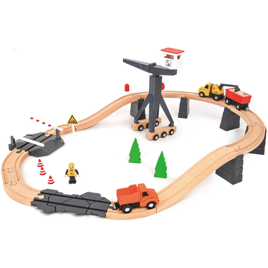 "Tooky Toy" medinis statybinis kelias statybinėms transporto priemonėms "Tooky Toy" medinis statybinis kelias statybinėms transporto priemonėms