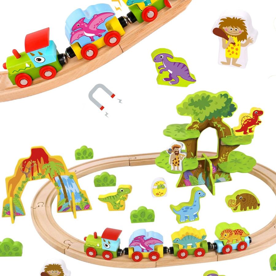 TOOKY TOY Medinis magnetinis traukinukas Dinozaurai + figūrėlės TOOKY TOY Medinis magnetinis traukinukas Dinozaurai + figūrėlės