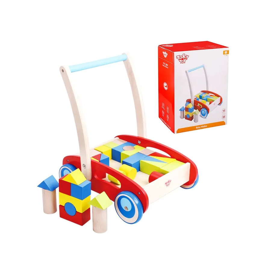 TOOKY TOY Drewniany Chodzik Pchacz dla Dzieci + Klocki 23 el.