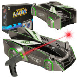 RC lazeriu valdomas automobilis, važiuojantis ant sienos lazerio pilka spalva