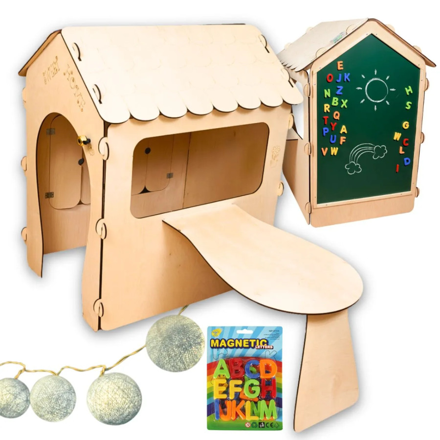 Wooden children's playhouse with board and table