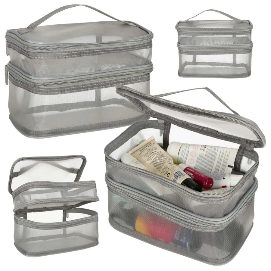 Cosmetic travel organiser, foldable into a stack, for storing cosmetics, grey