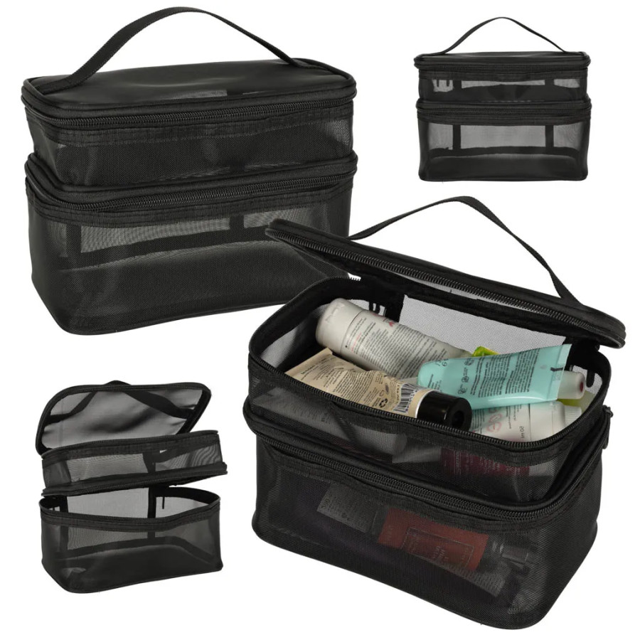 Cosmetic travel organiser, foldable into a stack, for storing cosmetic accessories, black