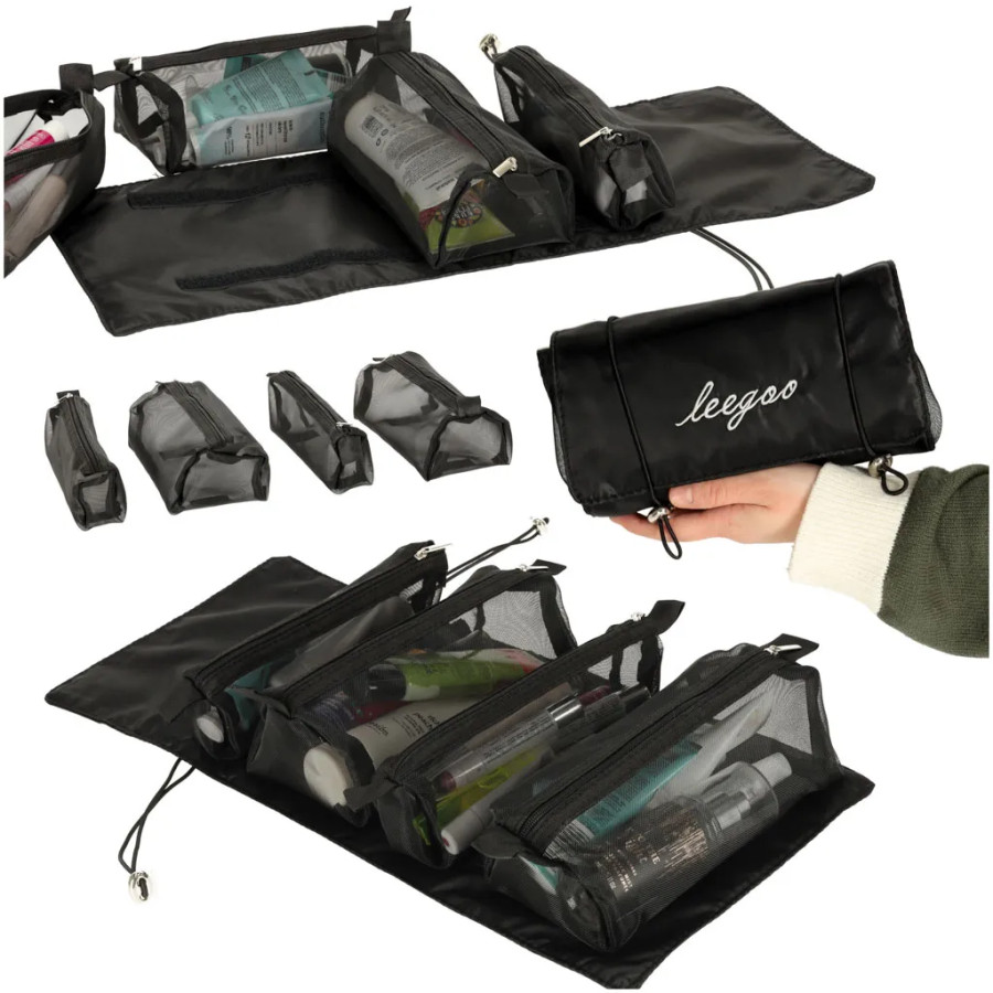 Foldable Cosmetic Bag Travel Detachable Roll-up 4in1 Large Capacity Portable Black