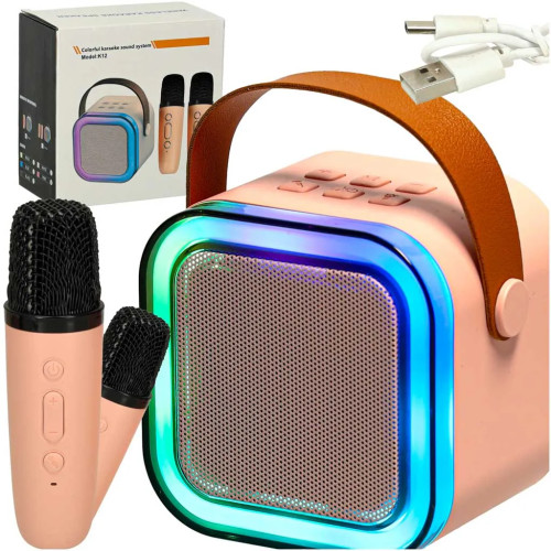 Karaoke komplekt 2 mikrofoni + kaasaskantav kõlar BLUETOOTH USB LED roosa