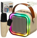 Karaoke komplekts 2 mikrofoni + portatīvais skaļrunis BLUETOOTH USB LED bēšs
