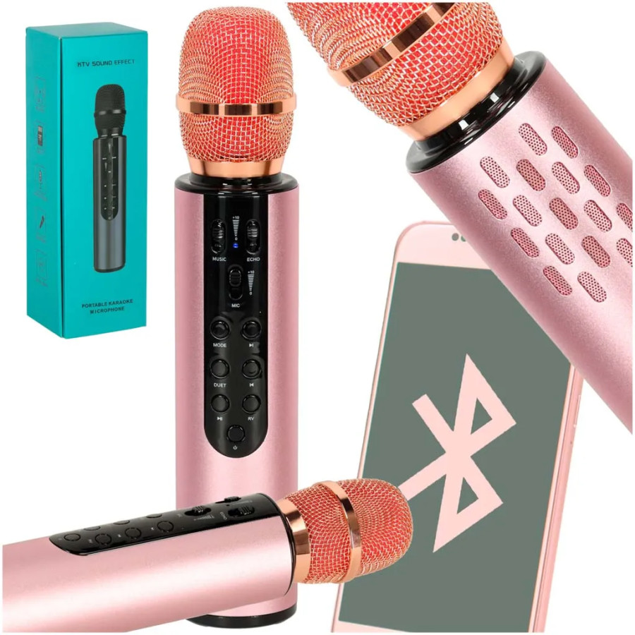 "Bluetooth" bezvadu karaoke mikrofons rozā krāsā "Bluetooth" bezvadu karaoke mikrofons rozā krāsā
