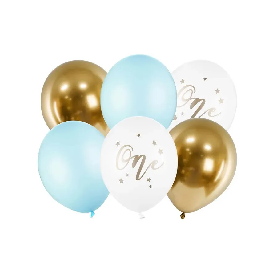 Birthday Balloons Pastel Light Blue White Gold Blue 30cm 6 pcs.